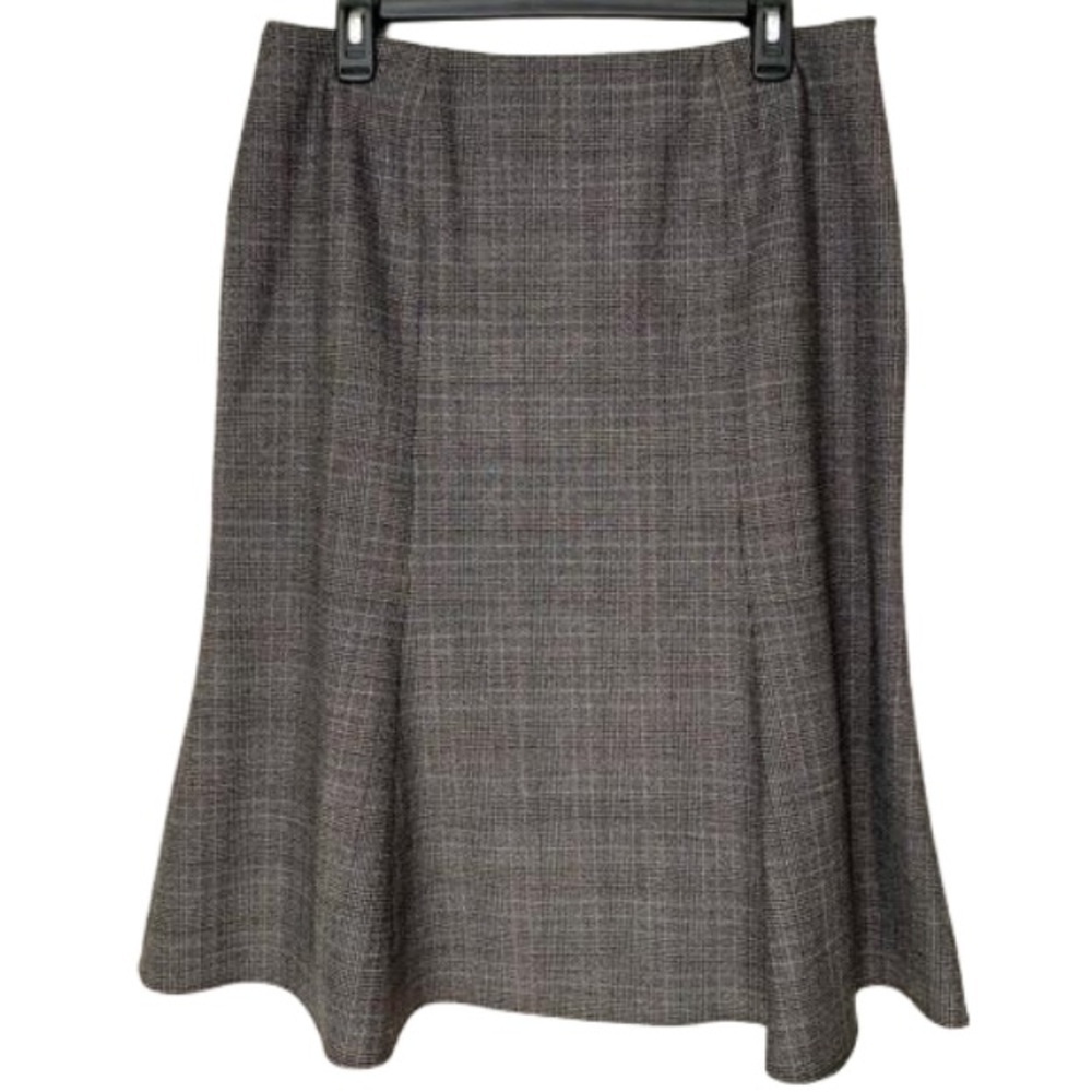 ANNE KLEIN Petite Skirt Full A-Line Side Zip Plaid Grey Tan Brown Womens 12P